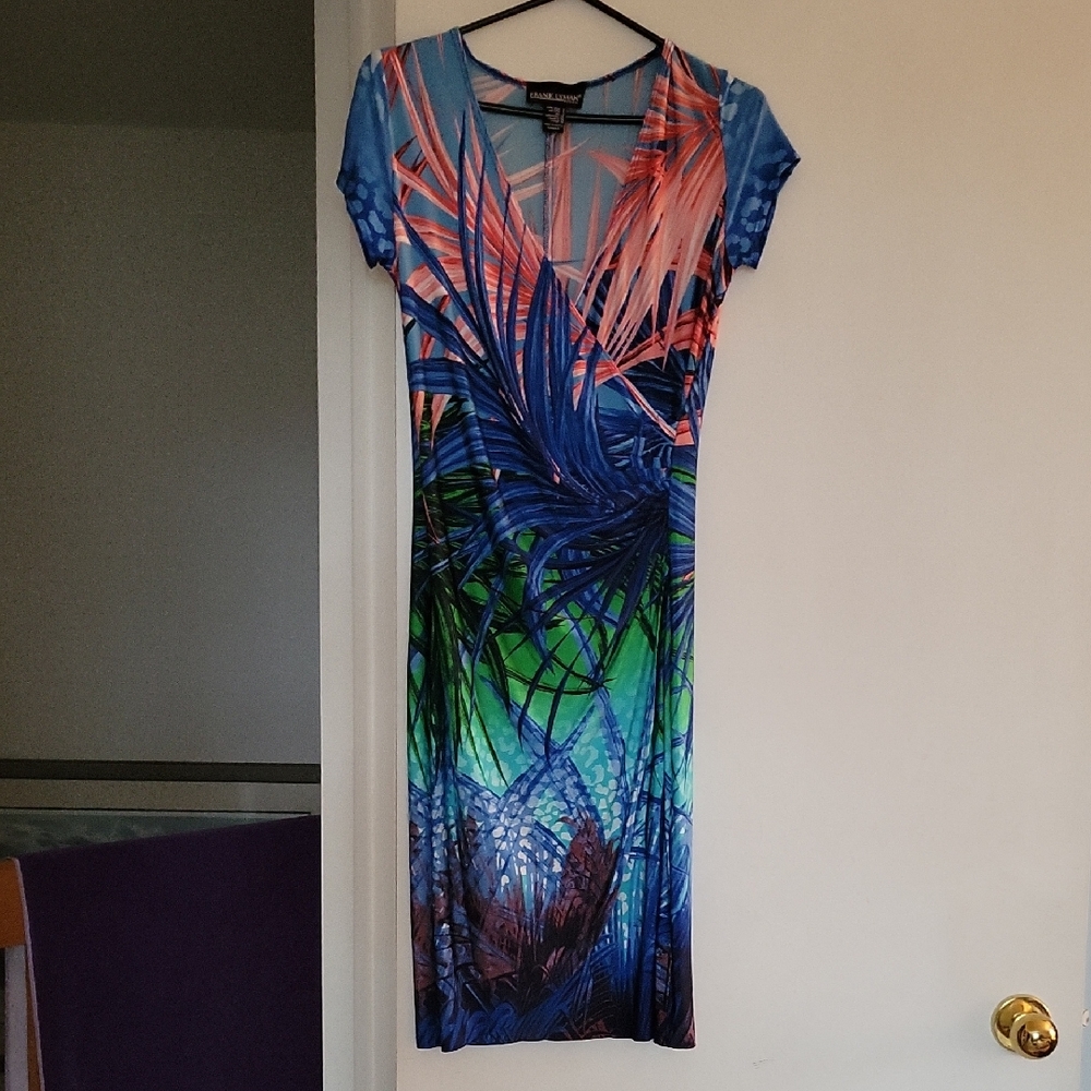 Frank Lyman Blue and Green Tropical Midi Dress